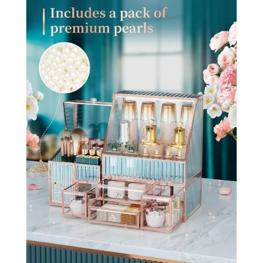 Glass Makeup Organizer, 3-in-1 Vanity Storage for Skincare, Lipstick & Brushes